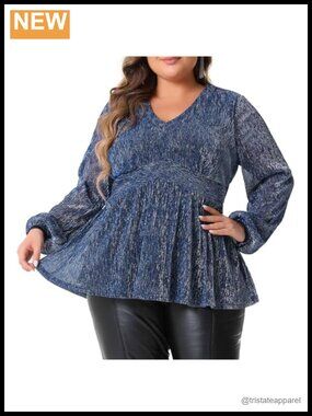 Sequined V-Neck Peplum Blouse Long Lantern Sleeve Plus Size Party Top